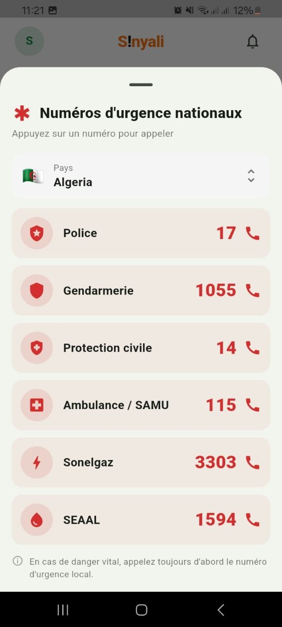 Sinyali emergency numbers screen: the official lines for your country, ready to dial.